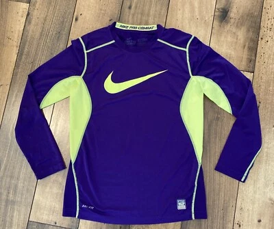 Nike  Pro Combat Dri-Fit Boys Youth Fitted Long Sleeve Shirt Sz.M Purple /Yellow - Image 1 of 4