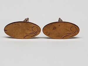 Vintage Copper Cufflinks Set Oval 1" Wide Engraved Front Minor Wear Good Cond