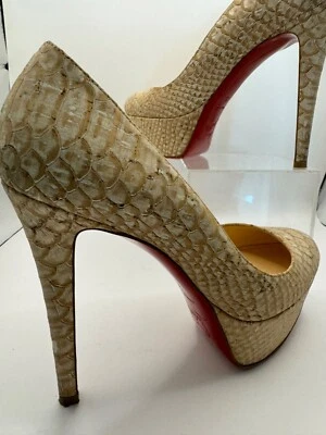 Christian Louboutin Beige Bianca Cork Python Shoes Heels Platforms 140 mm Sz 35 - Image 1 of 4