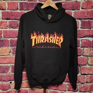 Thrasher Men's Small Black Orange Flames Spellout Hoodie Pullover Skater - Picture 1 of 10