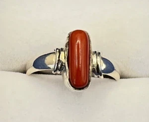 925 St. Silver Ring, Studded With 11x5 mm Rectangle Shape Coral, Size O & R - Picture 1 of 4