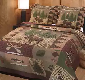 Juego de edredones de cama de bosque con hoja de nieve pino pez albergue rústico cabaña bosque - Imagen 1 de 2