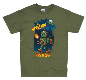 Robot & UFO UAP Graphic T Shirt, Retro Design, Vintage Cartoon Style S-5XL - Picture 1 of 2