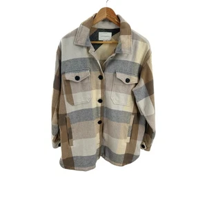 Lucky Brand Plaid Shirt Jacket Shacket Button Down Beige Brown Gray Small - Picture 1 of 7
