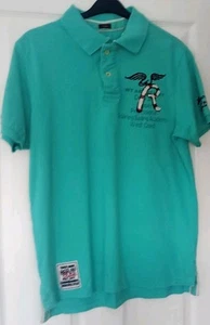 Replay Jeans Polo Shirt Printed Front&Back Embroidered Logo Turquoise Sz Large - Picture 1 of 14