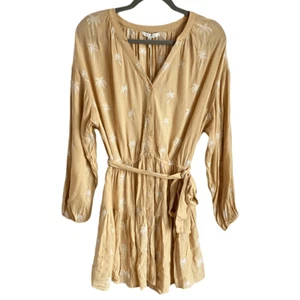 Z Supply Yellow Palm Tree Gathered Tie Waist Long Sleeve Mini Dress Small - Picture 1 of 7