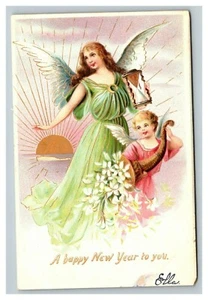 Vintage 1900's Tuck's New Year's Postcard Angels Hour Glass Cornucopia Flowers - Foto 1 di 2