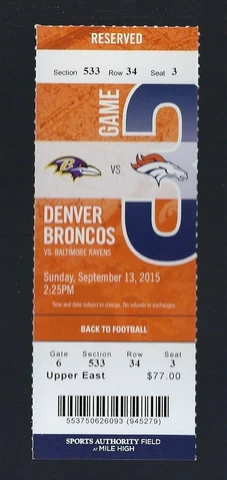 SHAQUIL BARRETT NFL DEBUT - 2015 RAVENS @ DENVER BRONCOS FULL TICKET 9/13 Cover