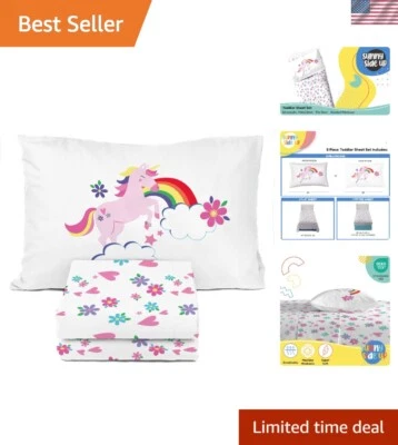 Причудливый набор простыней для малышей с единорогом и цветочным рисунком - комфортная машинная стирка - Изображение 1 из 4