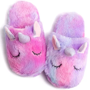 Rainbow Unicorn Slippers/Cute Fluffy Girls Slippers/Cozy Plush Indoor Outdoor Ki - Picture 1 of 6