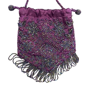 Women's Purple Beaded Embellished Drawstrings Evening Clutch Size S - Picture 1 of 11