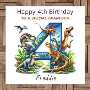Personalised Dinosaur 4th Birthday Card, For a 4 Year Old, Relative & Name - Picture 1 of 4