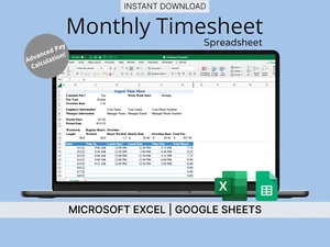 Monthly Timesheet Template for Excel & Google Sheets - Dynamic Pay Calculation - Afbeelding 1 van 11
