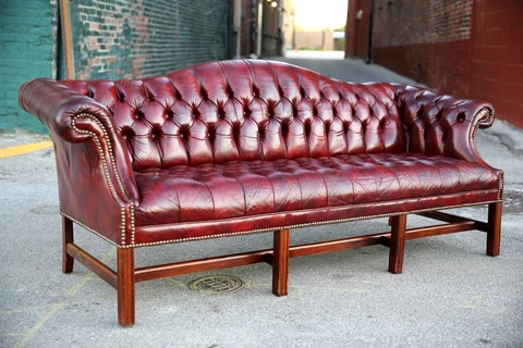 Vintage chesterfield Leather Sofa Oxblood Hancock and Moore tufted Wood Feet Cover
