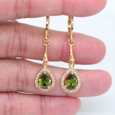 18K Yellow Gold Filled Women Green Mystic Topaz Teardrop Dangle Earrings Jewelry - Image 1 of 4