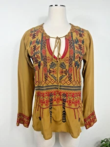 Johnny Was Damen braun 100 % Seide bestickt Krawatte Ausschnitt Größe Small Boho künstlerisch - Bild 1 von 14