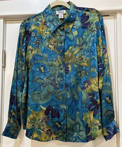 Style & Co 100 % Seide Blumen Bluse blau grün lila Gr. 16P klassisch luxuriös - Bild 1 von 7