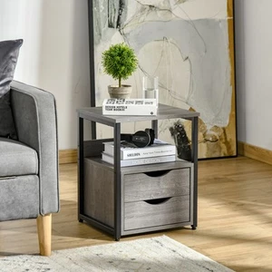 Industrial Side Table, End Table with 2 Drawers, Gray - Picture 1 of 11