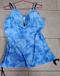 Free Country Tankini Top Size XXL (18) Blue Tye Dye Cloud Wash Ruched Sides - Picture 1 of 11