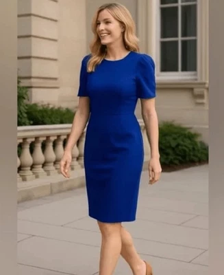 CALVIN KLEIN Sheath Dress Short Sleeve Puff Shoulder Blue Career Work Size 6 - Image 1 of 4