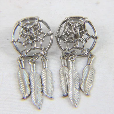 Set of 2 Silver Tone Dreamcatcher Lapel Pins with Three Dangling Feathers - Image 1 of 4