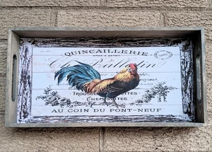 Handcrafted Rustic Wood Gray Tray - Rooster w/French European Style - Picture 1 of 2