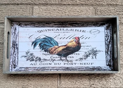 Handcrafted Rustic Wood Gray Tray - Rooster  w/French European Style  - Image 1 of 2