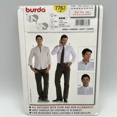 BURDA 7767 MEN'S SHIRT WITH VARIATIONS SEWING PATTERN, Sz 34-50, UCFF - Image 1 of 4