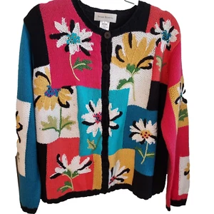 Vintage Susan Bristol Size Large LS Button Front Sweater w/Flowers - Picture 1 of 4