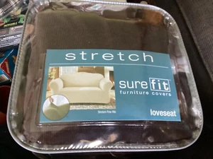 Sure Fit Stretch fine rib Coffee One Piece Loveseat Slipcover - Picture 1 of 3