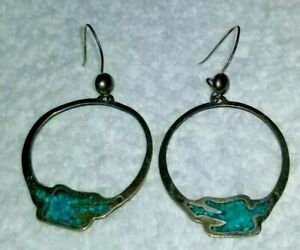 Vintage Silver Inlaid Turquoise Drop Dangle Hoop Pierced Earrings 