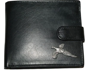Pheasant Black Leather Wallet Gift Box Pewter Country Flying Bird mens Accessory - Picture 1 of 11