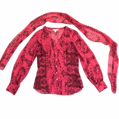Blusa Top CAbi 254 Mujer Rosa Roja Manga Larga Talla S Pequeña Cuello Atado Con Botones Foto 1 de 4