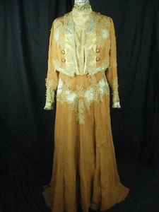 Antique Edwardian Brown Cotton Crochet Lace Color Day Dress-Bust 43/S-M, AS-IS - Picture 1 of 12