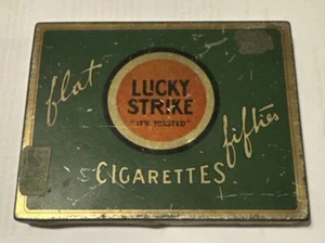 Vintage Metal Lucky Strike Flat Fifties Cigarette Box Tin Holder Advertising - Picture 1 of 3