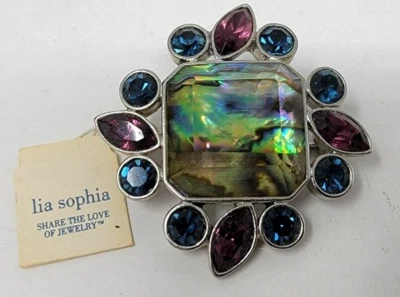 Broche prendedor vintage de cristales de corte azul púrpura con cáscara de abulón de Lia Sophia con etiqueta Foto 1 de 4