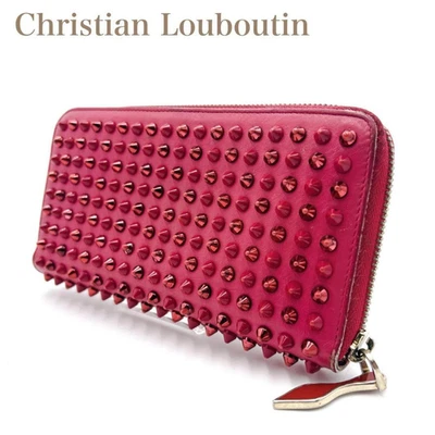 Christian Louboutin Auténtica Cartera Larga Doble Cartera Rosa Pico Tachuelas Cremallera Roja Foto 1 de 4