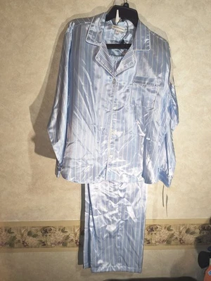 Miss Elaine 2 piezas. Conjunto de Pijama Satinado Azul/Blanco Pantalones Largos-Manga Larga Talla XL Foto 1 de 4