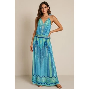 Hale Bob XS Tall Blue Green Boho Maxi Dress Tie Neck Beach Vacation Resortwear - Picture 1 of 11