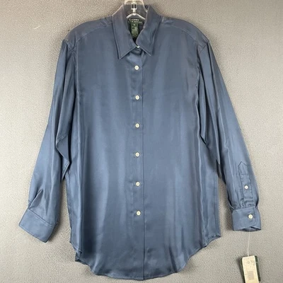 Blusa De Colección Ralph Lauren 100% Seda Talla 6 Azul Manga Larga Abotonada Elegante Elegante Elegante Foto 1 de 4