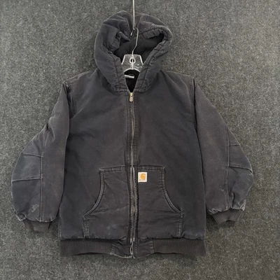 Carhartt Jacket Youth Large 14-16 Black Hooded Quilted Lined Full Zip Canvas - Image 1 of 4