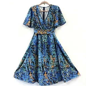 NWOT! Womens Dress Size XL Colorful Blue Abstract Sash Tie Crossover Front Zip - Picture 1 of 13