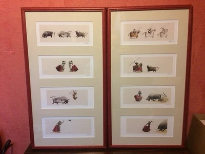 Paire Lithographie VIRGINIE C. Vues Tauromachie + Cadre Bois Rouge Vintage #C925 - Photo 1/4