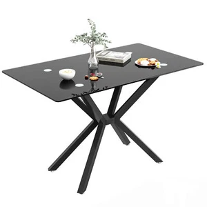 47.24"Rectangular Tempered Glass Dining Table,Stylish Design w/Black Metal Legs - Picture 1 of 11