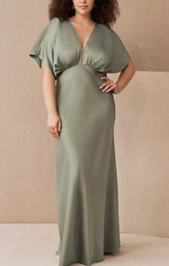 ANTHROPOLOGIE BHLDN LEILA DEEP-V FLUTTER SLEEVE SATIN A-LINE GOWN MAXI DRESS 12 - Picture 1 of 6