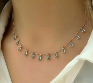 925 Sterling Silver Turkish Handmade Jewelry Aquamarine Ladie's Necklace   