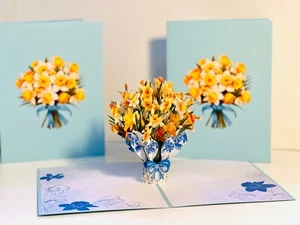 ORIGAMI POP CARDS Daffodil Bloom Flower Bouquet Happy Anniversary 3D Pop Up Card - Picture 1 of 11
