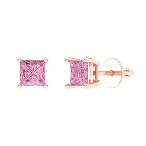 Women's Small Rose Gold 925 Sterling Silver Princess Cut Pink Cz Stud Earrings - Picture 1 of 5