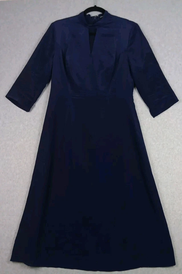 J Peterman женское платье размер 8 100% шелк молнии назад 3/4 рукав миди темно-синий вырез - Изображение 1 из 4