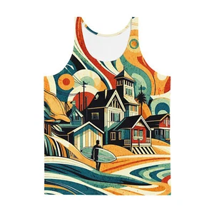 Surf House Tank Top All Over Graphic Print Beach Scene West Coast Casual - Picture 1 of 17